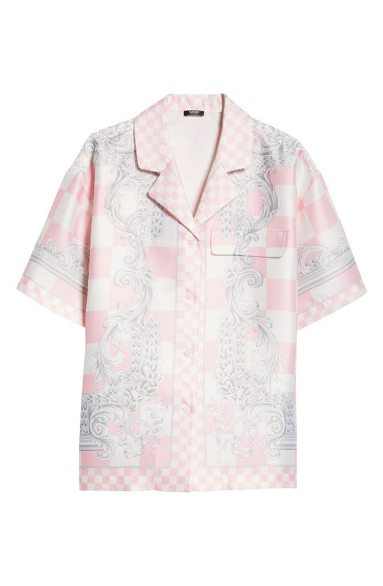 Shop Versace Border Print Check Satin Camp Shirt In Pastel Pink White Silver