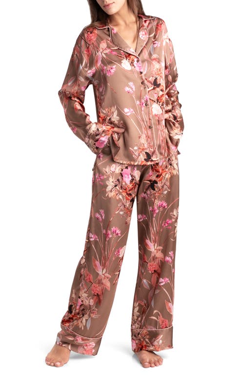 Lovefest Floral Print Satin Pajamas in Taupe