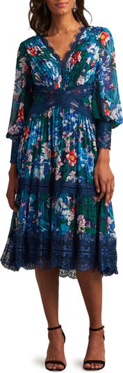 Tadashi Shoji Floral Print Lace Pleat Long Sleeve Midi Dress | Nordstrom