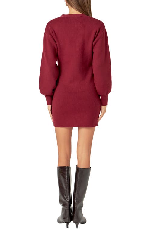 Endless Rose Rib Long Sleeve Minidress In Burgundy