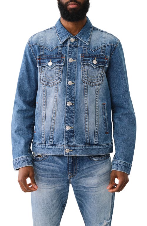 True Religion Brand Jeans Jimmy Rope Embellished Graphic Denim Trucker Jacket Itonda Medium Wash at