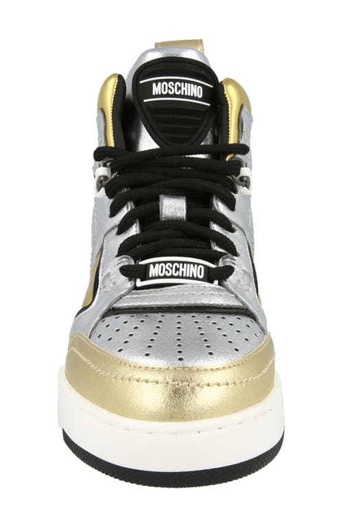 Moschino Streetball Asymmetrical High-top Sneakers In Silver/gold Multi