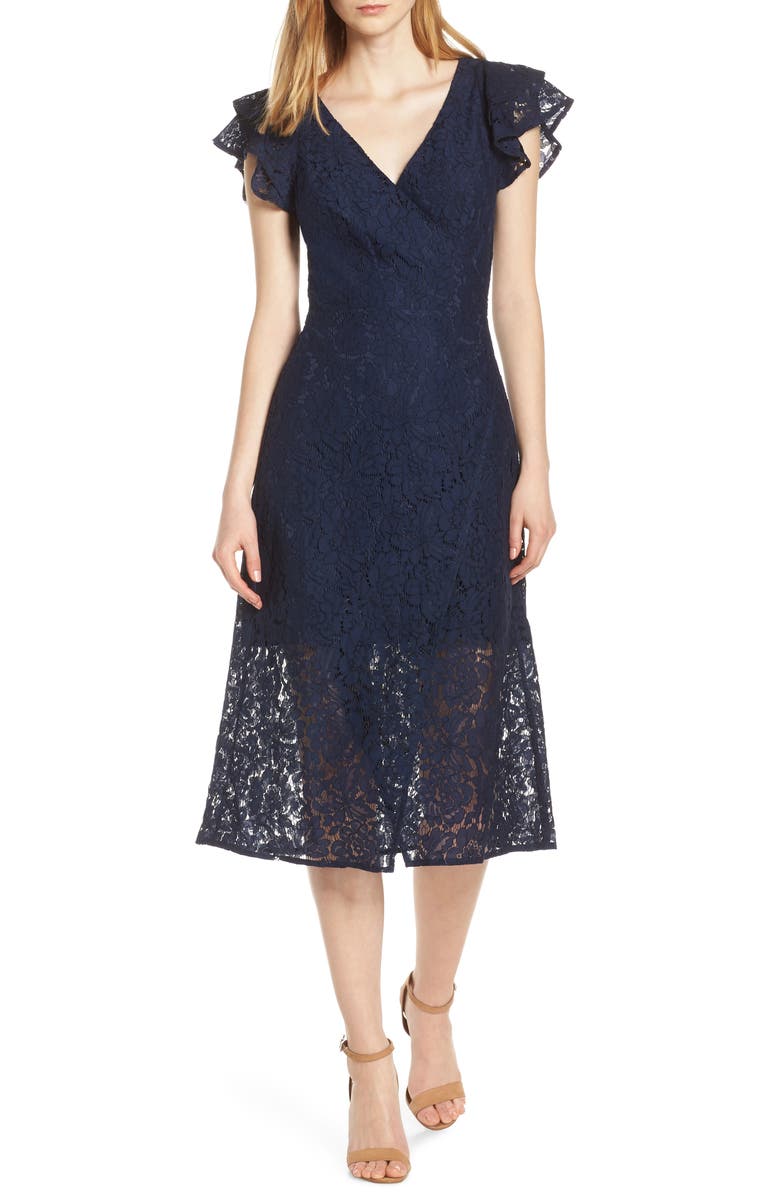 Ali & Jay Ruffle Sleeve Wrap Lace Midi Dress | Nordstrom