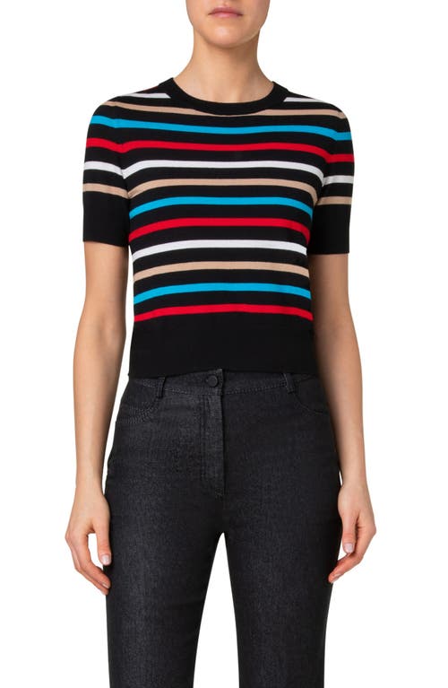 Shop Akris Punto Stripe Short Sleeve Crop Merino Wool Sweater In Black-multicolor