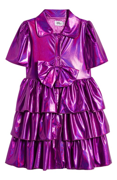 Lola & the Boys Kids' Bow Iridescent Tiered Shirtdress Pink at Nordstrom,