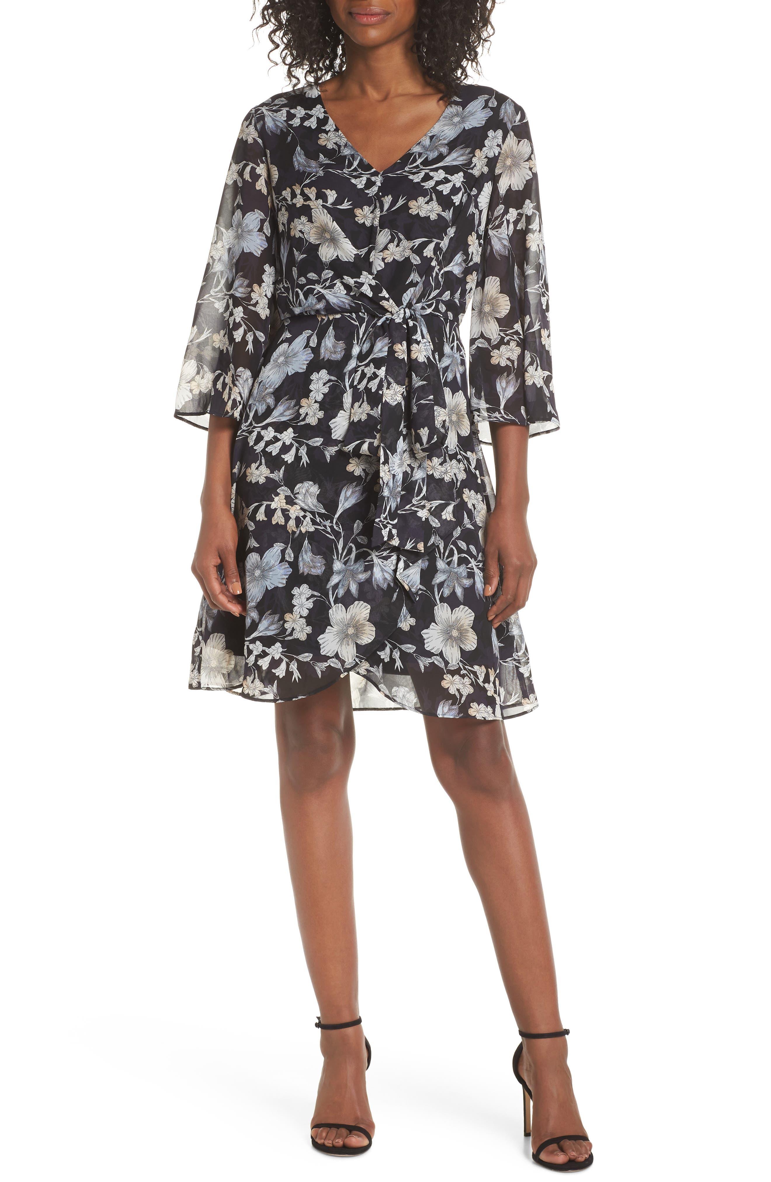 Julia Jordan Tie Front Chiffon Dress, Black