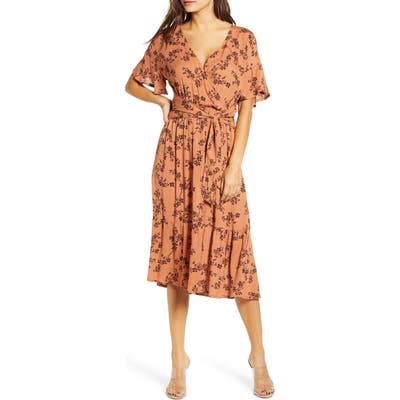 All In Favor Floral Wrap Front Midi Dress, Orange