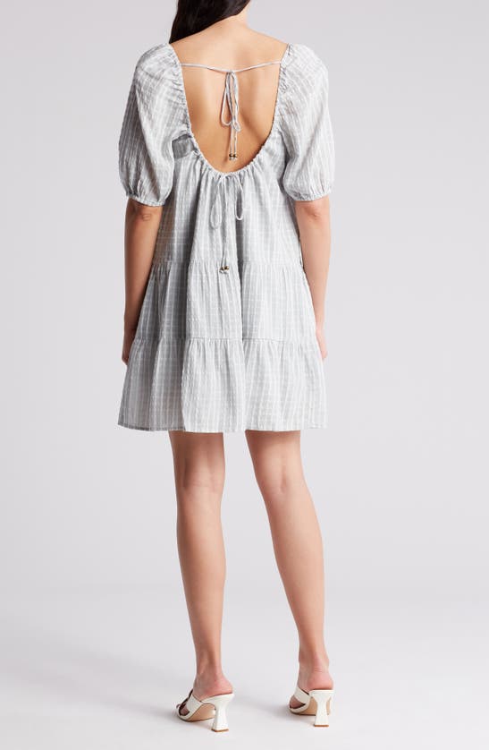 Shop Lovestitch Tiered Puff Sleeve Cotton Dress In Dusty Blue