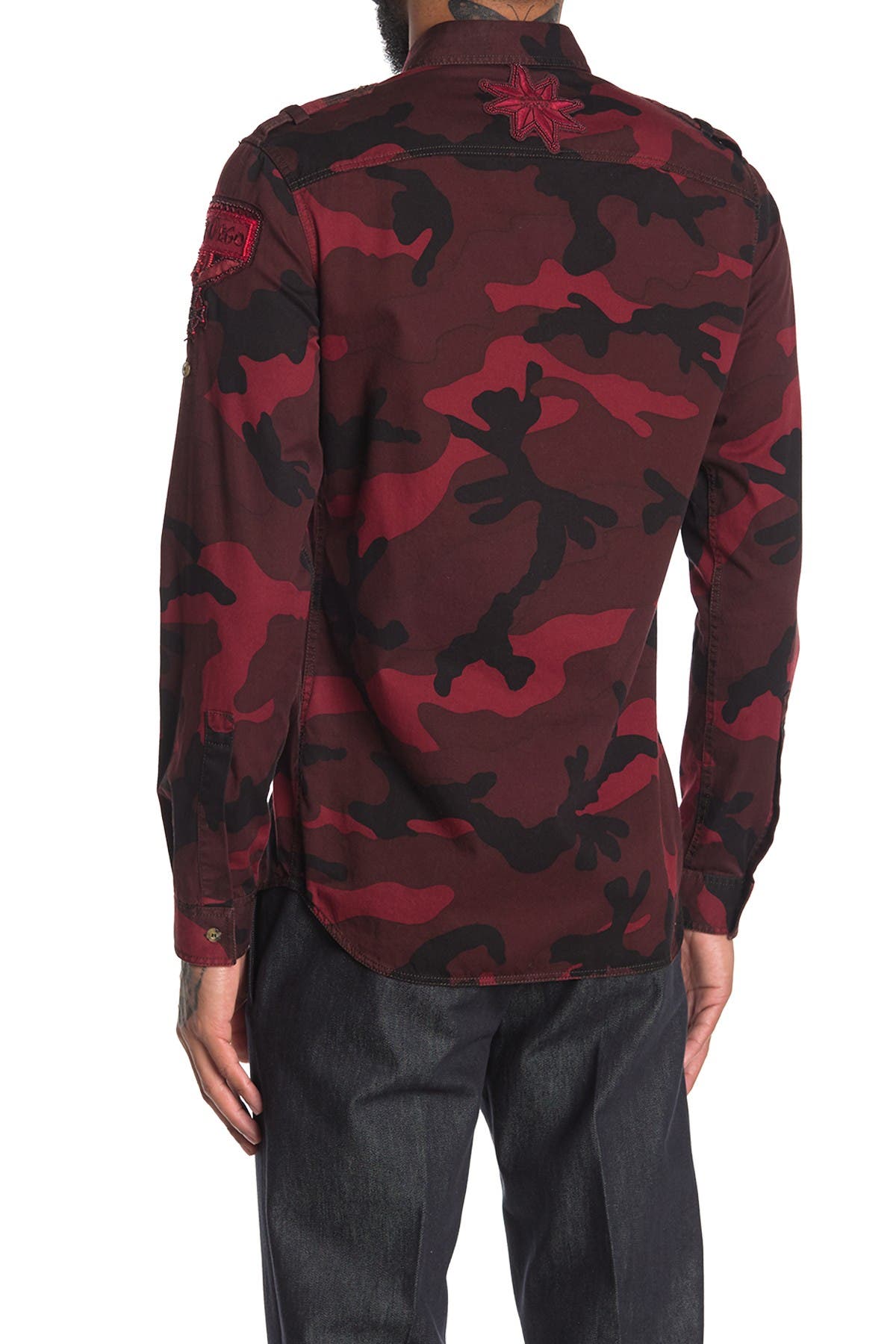 Valentino Patched Camo Slim Fit Silk Shirt In Camou Rosso