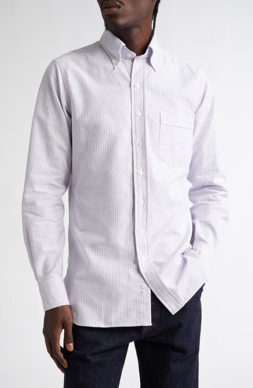 Drake's Ticking Stripe Oxford Button-Down Shirt in 902 Purple 