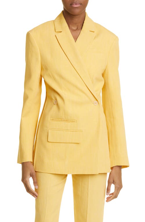 Jacquemus Tibau Crossover Double Breasted Linen Blend Jacket in Yellow