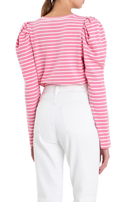 Shop English Factory Stripe Puff Sleeve Knit Top In Pink/white