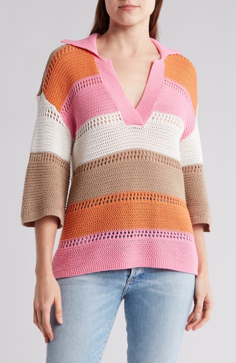 Colorblock Short Sleeve Open Knit Polo Sweater