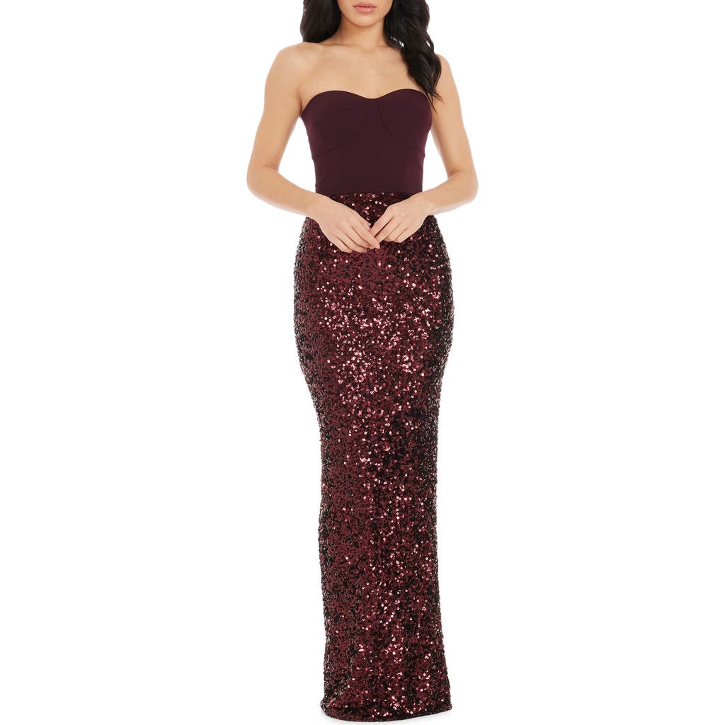 Dress the Population Vada Mixed Media Strapless Gown in Port