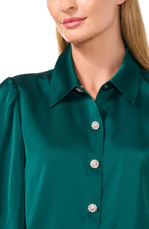 Shop Cece Embellished Satin Button-up Shirt In Dark Forest Green