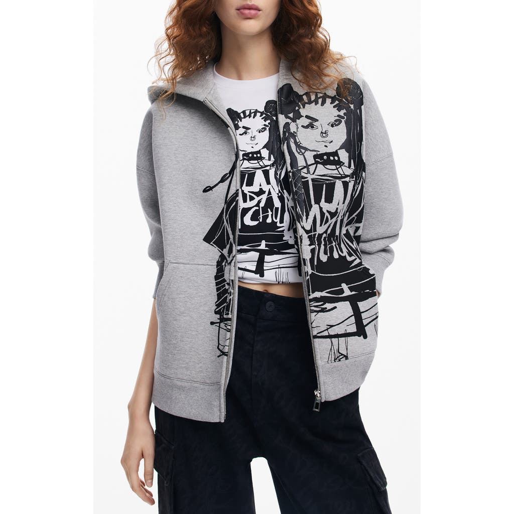 Desigual Front Zip Cotton Blend Hoodie In Black/grey