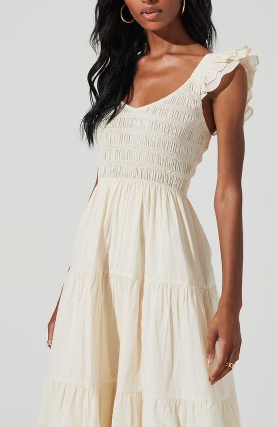 Astr Smocked Flutter Sleeve Midi Dress In Cream