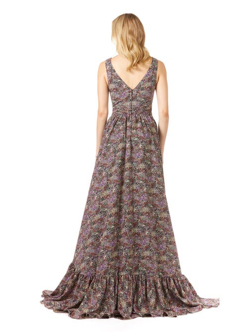 Lara New York V-neck Long Print Gown Hi-low Wrap In Blackprint