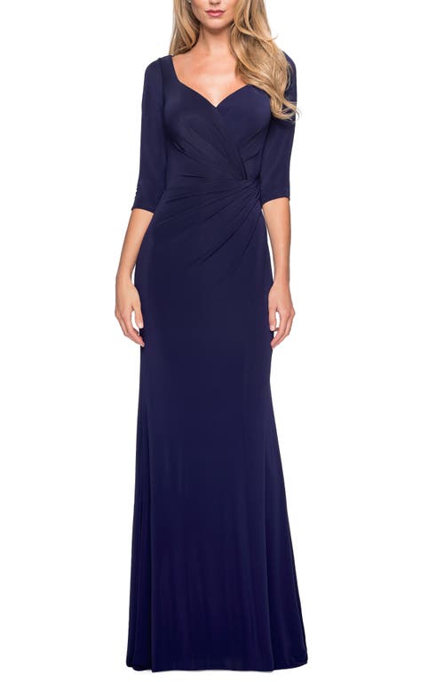 Ruched Jersey Column Gown in Navy
