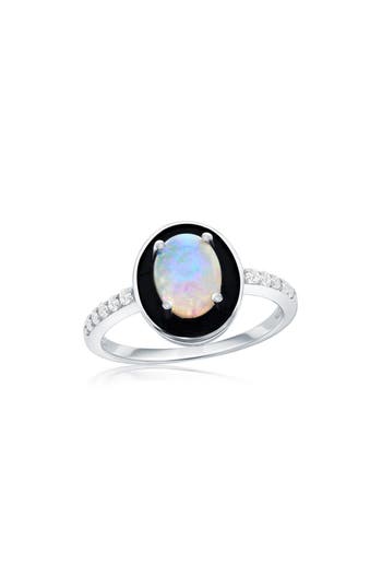 Simona Sterling Silver Oval Cut Opal & Pavé Cz Ring In White Opal/black/silver
