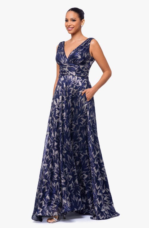 Betsy & Adam Metallic Floral A-line Gown In Navy/gunmetal