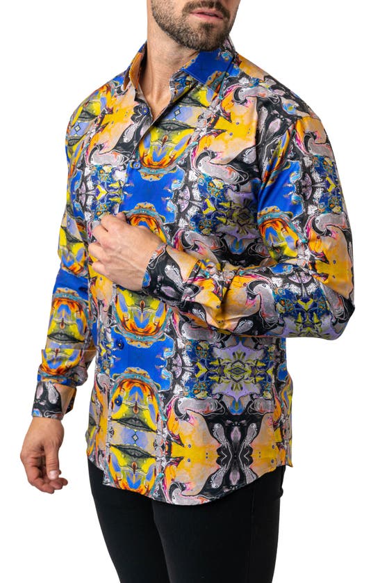 Shop Maceoo Fibonacci Acid Trip Contemporary Fit Button-up Shirt In Blue