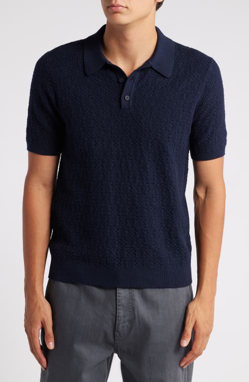 Wax London Naples Check Stitch Cotton & Cashmere Polo Sweater in Navy 