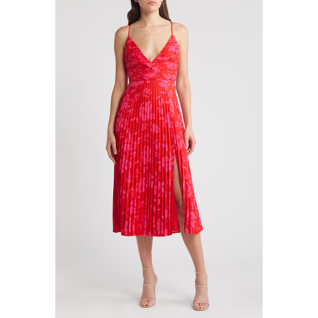 Lulus Vibrant Moment Floral Pleated Midi Cocktail Dress In Red/hot Pink