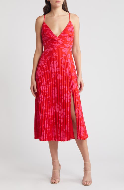 Shop Lulus Vibrant Moment Floral Pleated Midi Cocktail Dress In Red/hot Pink