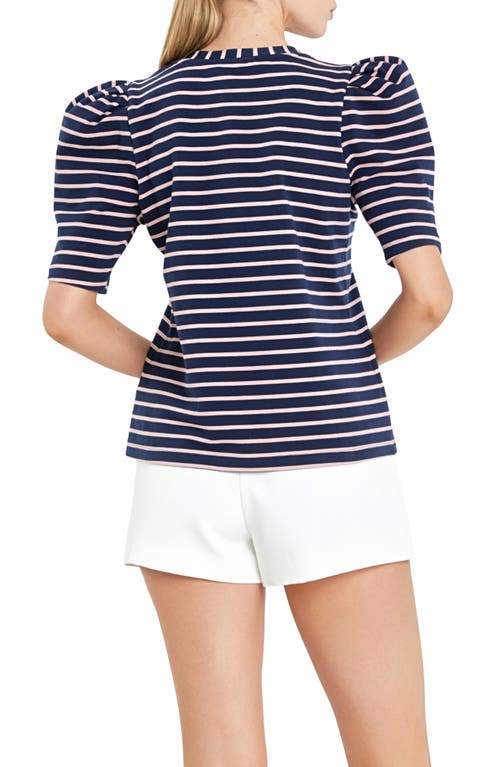 Shop English Factory Stripe Puff Sleeve Top In Navy/pink