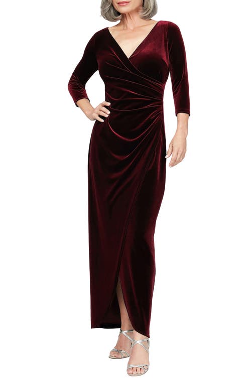 Alex Evenings Pleated Long Sleeve Velvet Gown in Wine 