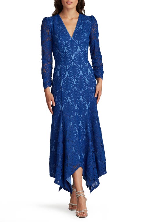 Corded Embroidery Bracelet Sleeve Handkerchief Hem Dress in Mystic Blue