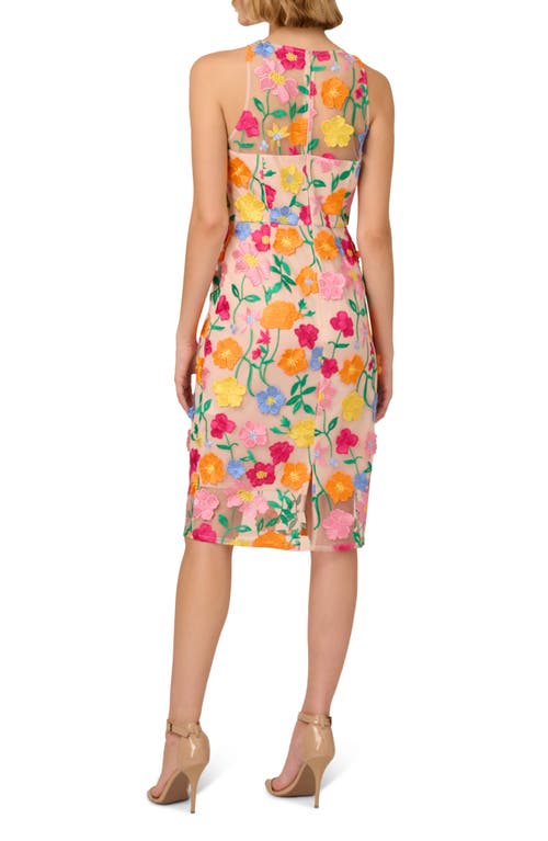 Adrianna Papell Floral Embroidered A-line Midi Dress In Pink/yellow Multi