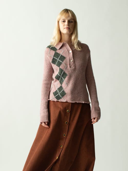 Lingua Franca Lee Wool-blend Tweed Argyle Polo Sweater In Rose Garden In Rose Garden