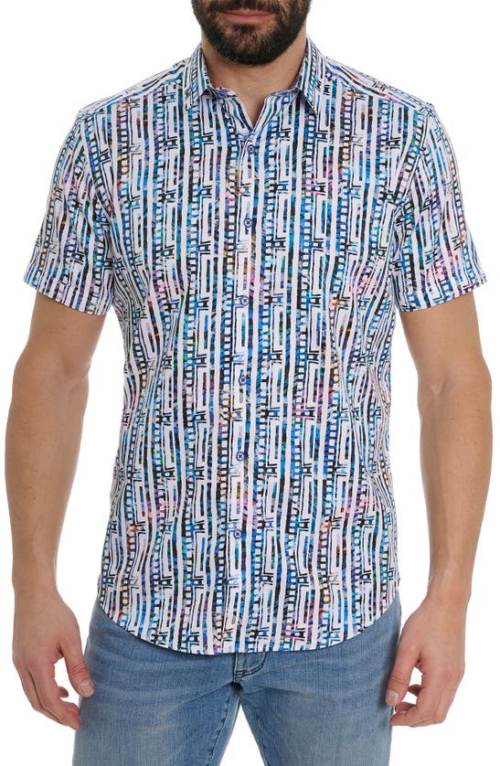 Shop Robert Graham Geo Stripe Print Short Sleeve Shirt In Blue