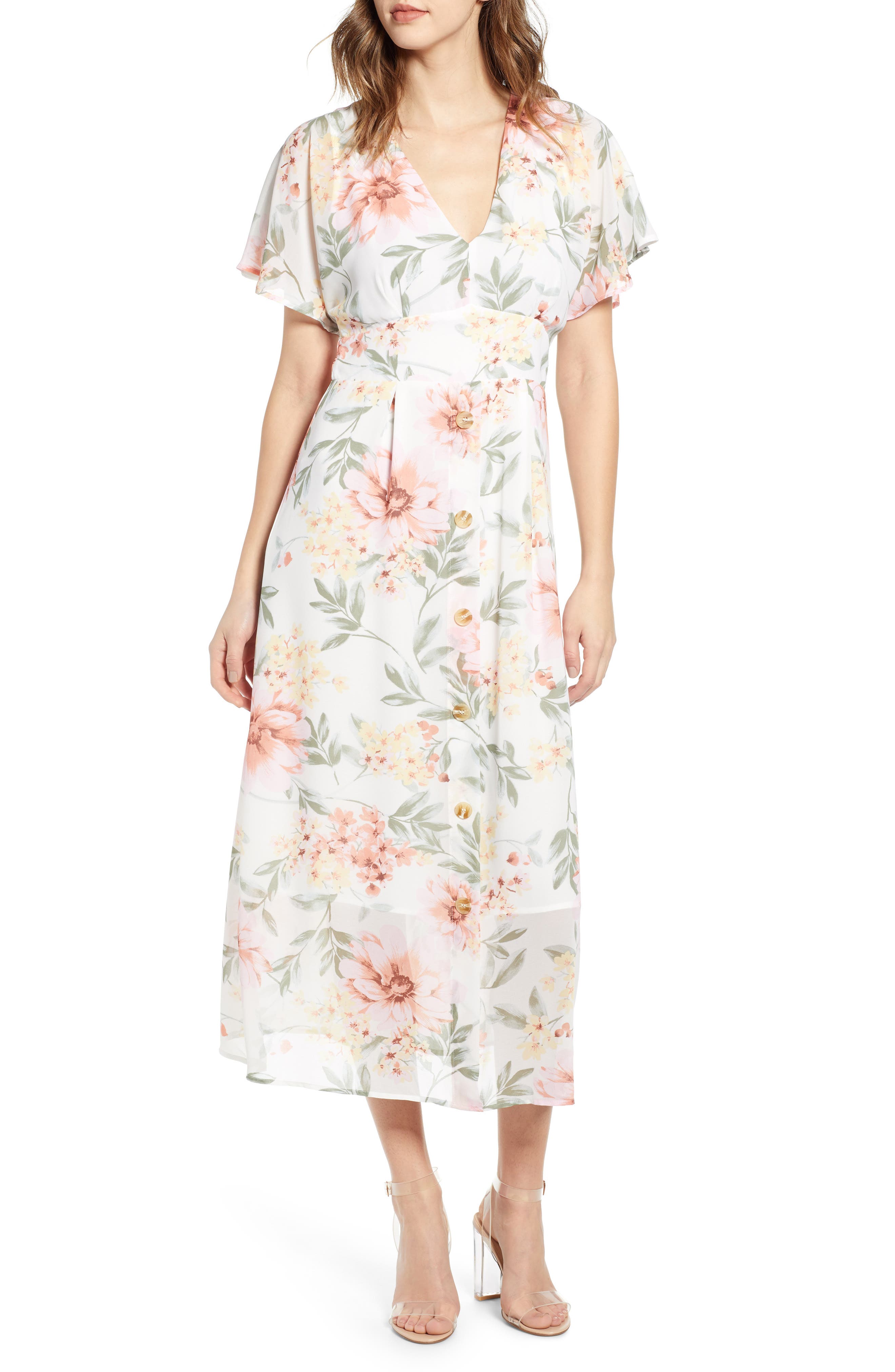 Leith Floral Print Midi Dress, Ivory