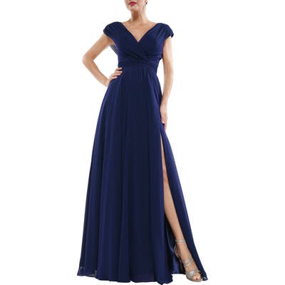 Marsoni Wide V-Neck Chiffon Gown, Blue