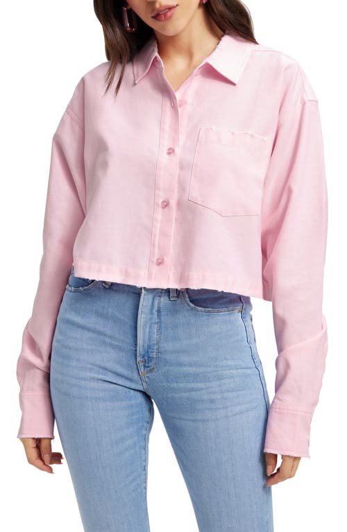 Good American Distressed Cotton Blend Crop Shirt in Rose Quartz