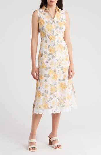 Shop Rachel Parcell Floral Sleeveless Midi Shirtdress In Ivory Yellow Multi