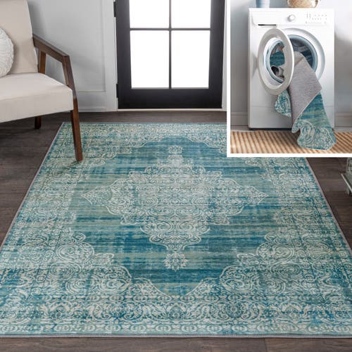 Shop Jonathan Y Regis Bohemian Medallion Machine-washable Area Rug In Teal/cream