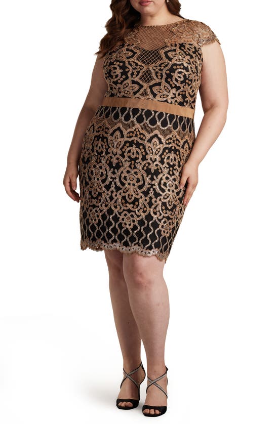 Shop Tadashi Shoji Sequin Cap Sleeve Lace Dress In Copper Shadow/ B