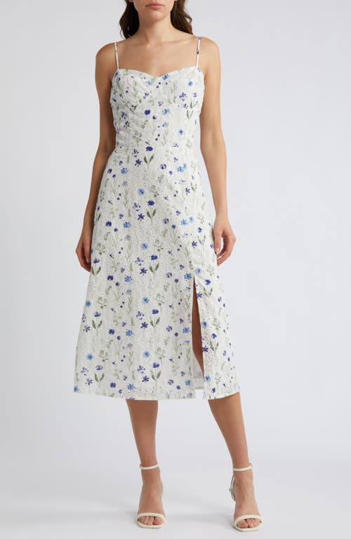 Eyelet Embroidered Midi Dress in Blue- White Floral