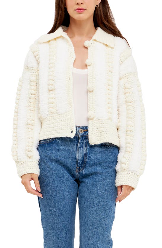 English Factory Premium Mixed Yarn Pompom Cardigan In Ivory