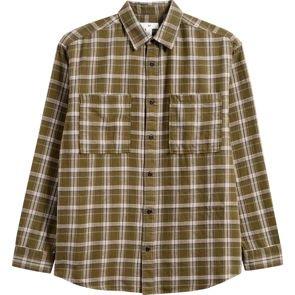 Bp. Plaid Cotton Flannel Button-up Shirt In Olive- Ivory Jonnie Plaid