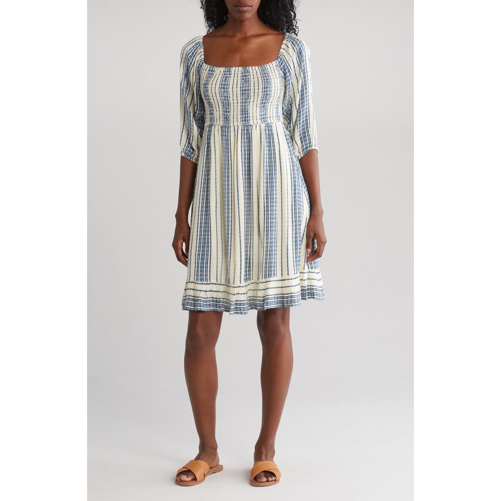 Lovestitch Yarn Dye Stripe Off The Shoulder Dress In Natural/indigo