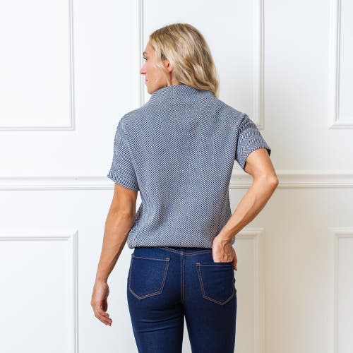 Hope & Henry Organic Mock Neck Sweater In Navy And White Herringbone