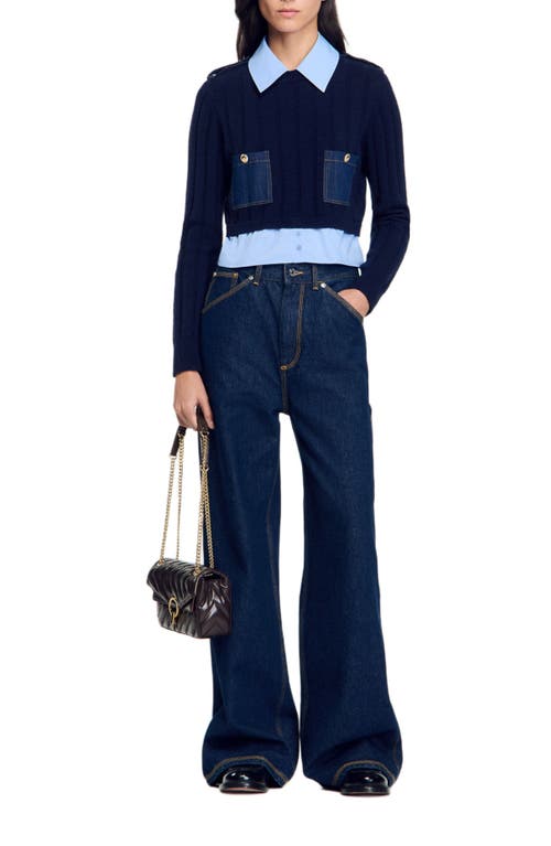 Shop Sandro Cropped Wool And Cashmere Sweater In Navy Blue