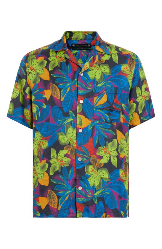 Shop Allsaints Goldfarb Floral Convertible Collar Camp Shirt In Jet Black