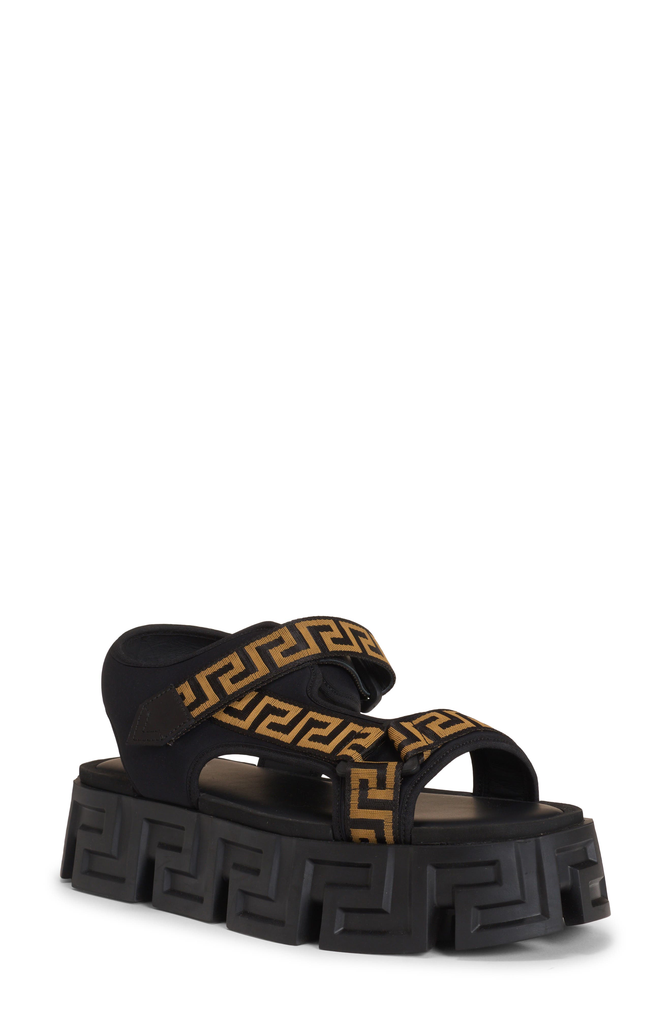 Versace Greca Sole Platform Sandal in Black Gold at Nordstrom, Size 8Us