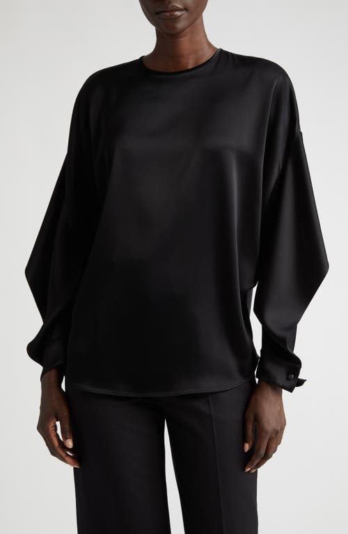 St. John Collection Split Sleeve Open Back Liquid Satin Top in Caviar at Nordstrom, Size X-Small